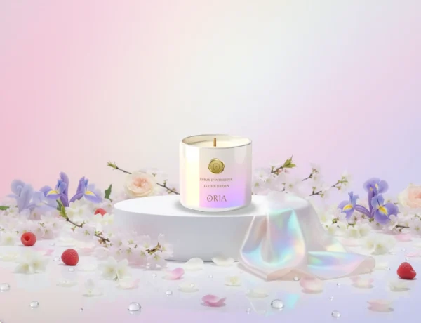 bougie parfumée Jardin d’Eden ORIA parfum framboise pivoine jasmin fleur de cerisier